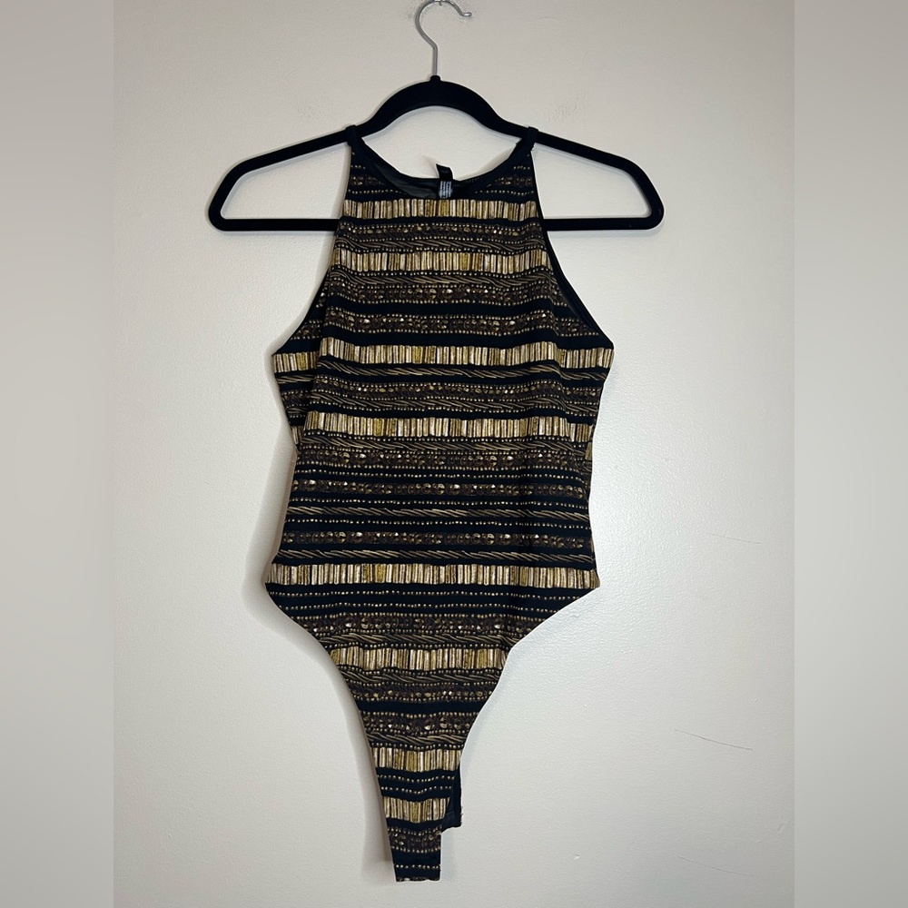 Victoria Sport‎ High Neck Black Gold Foil Bodysuit sheer back Size S